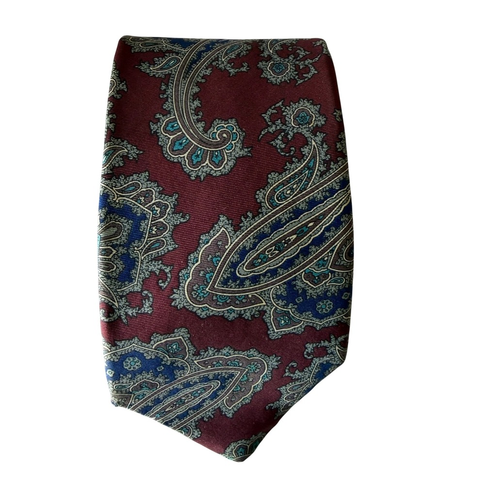 Lands End Mens Silk Necktie‎ Burgundy Navy Blue Teal Paisley Classic Wide Tie